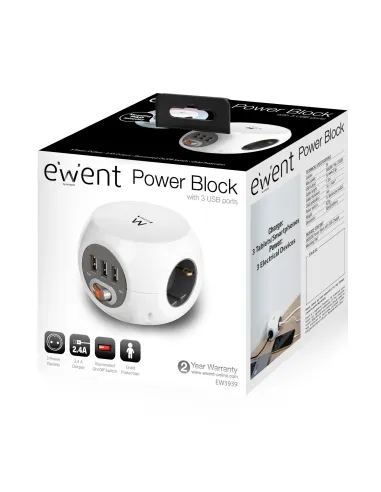 Ewent Toma de Corriente Cúbica con 3 Salidas, 3 Entradas y 3 Puertos USB 1.5m