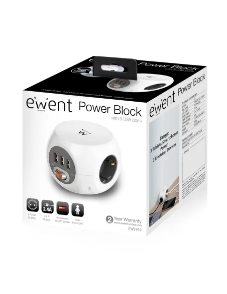 Ewent Toma de Corriente Cúbica con 3 Salidas, 3 Entradas y 3 Puertos USB 1.5m
