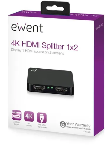 Ewent EW3720 Splitter HDMI 4K HDMI 2 Puertos Negro