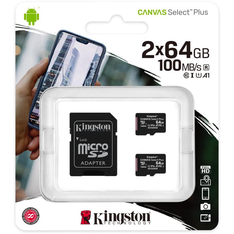 Kingston Canvas Select Plus MicroSDXC 64GB UHS-I U1 V10 Clase 10 Pack 2 Unidades + Adaptador SD