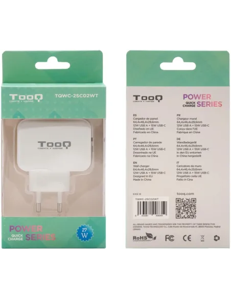 TooQ TQWC-2SC02WT Cargador de Pared Universal USB-A/USB-C 27W Blanco