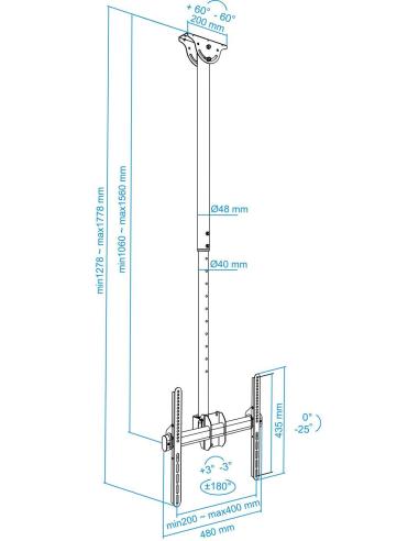 TooQ LPCE1155TSLI-B Soporte de Techo Giratorio para Monitor/TV 32"-55" Máx. 50Kg Negro