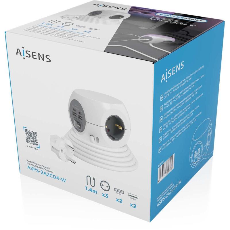 Aisens ASPS-2A2C04-W Regleta 3 Tomas AC + 2 USB-C/2 USB-A 1.4m Blanco