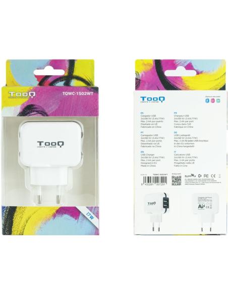 TooQ TQWC-1S02WT Cargador de Pared 17 W x2 USB-A 2.0 Blanco