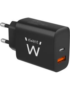 Ewent EW1319 Cargador de Móvil con Carga Rápida USB-C/USB-A 20W Negro-1386337
