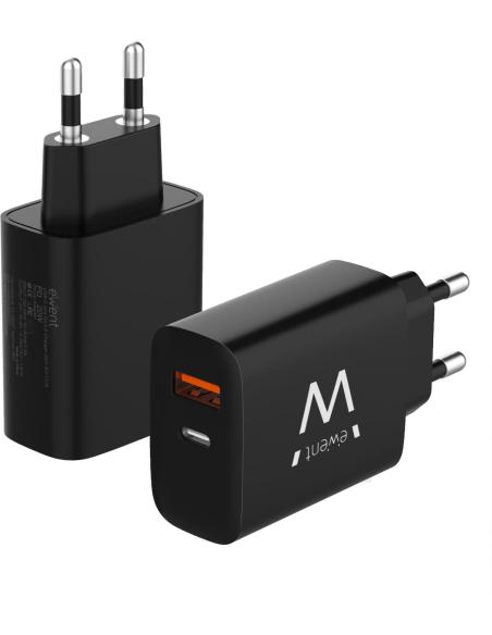 Ewent EW1319 Cargador de Móvil con Carga Rápida USB-C/USB-A 20W Negro