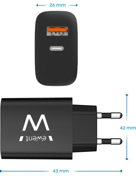 Ewent EW1319 Cargador de Móvil con Carga Rápida USB-C/USB-A 20W Negro