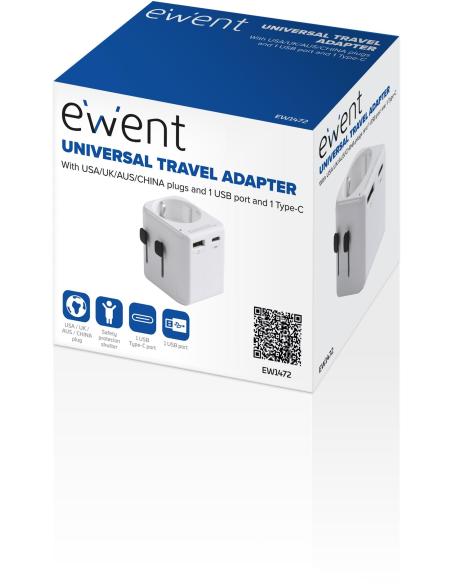 Ewent EW1472 Adaptador de Enchufe Universal de Viaje 1 USB-A y 1 USB-C
