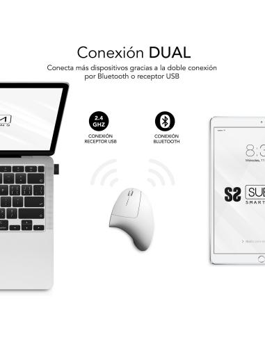 Subblim Glide Vertical Ergo Dual Ratón Vertical Ergonómico Inalámbrico para Diestros 1600 DPI Blanco
