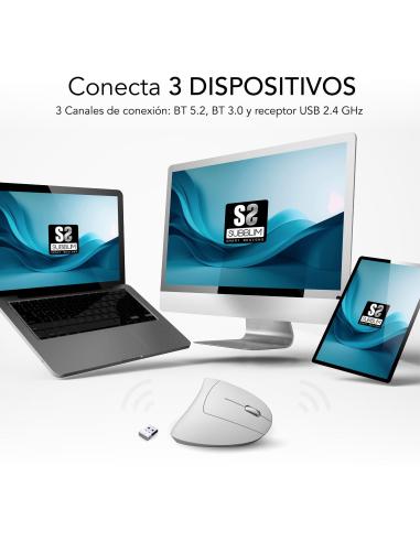Subblim Glide Vertical Ergo Dual Ratón Vertical Ergonómico Inalámbrico para Diestros 1600 DPI Blanco