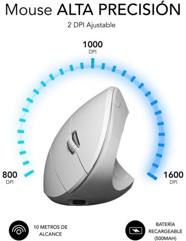 Subblim Glide Vertical Ergo Dual Ratón Vertical Ergonómico Inalámbrico para Diestros 1600 DPI Blanco