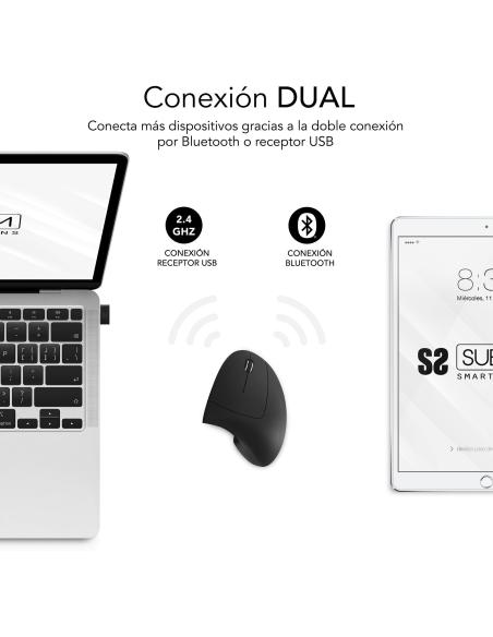 Subblim Glide Vertical Ergo Dual Ratón Vertical Ergonómico Inalámbrico para Diestros 1600 DPI Negro