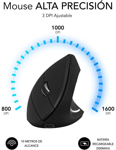 Subblim Glide Vertical Ergo Dual Ratón Vertical Ergonómico Inalámbrico para Diestros 1600 DPI Negro