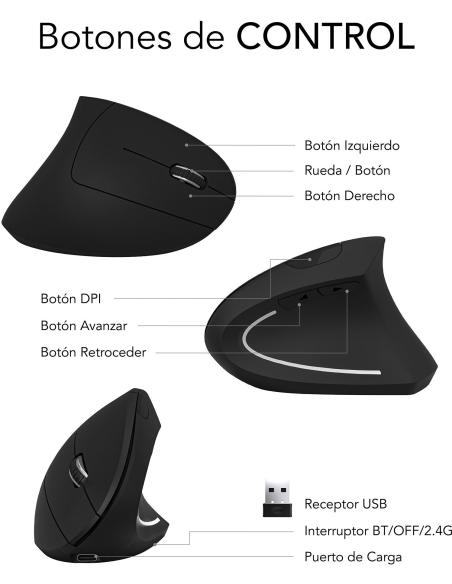 Subblim Glide Vertical Ergo Dual Ratón Vertical Ergonómico Inalámbrico para Diestros 1600 DPI Negro