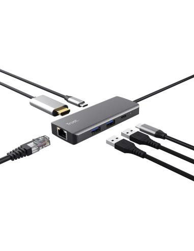 Trust Dalyx USB/USB-C/HDMI/RJ 6 Puertos Negro/Plata