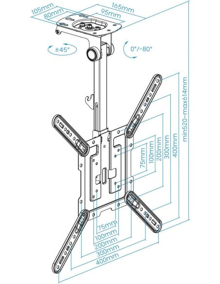 TooQ LPCE1123TSLI-B Soporte de Techo Inclinable y Giratorio para Monitor/TV 23"-55" Máx. 20Kg Negro