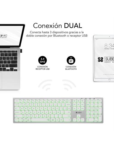 Subblim SUBKB-3MIE300 Teclado Inalámbrico Bluetooth/2.4GHz Master Iluminado Blanco/Plata