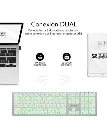 Subblim SUBKB-3MIE300 Teclado Inalámbrico Bluetooth/2.4GHz Master Iluminado Blanco/Plata