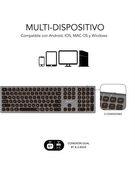 Subblim SUBKB-3MIE310 Teclado Inalámbrico Bluetooth/2.4GHz Master Iluminado Gris/Negro