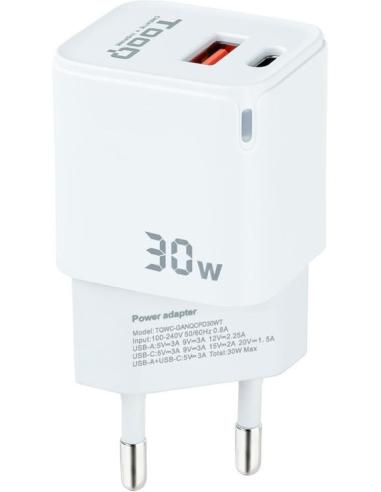 TooQ TQWC-GANQCPD30WT Cargador de Pared Universal USB-A/USB-C 30W Blanco
