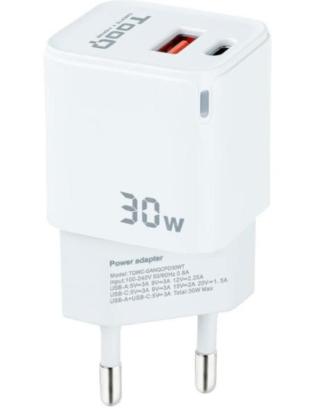 TooQ TQWC-GANQCPD30WT Cargador de Pared Universal USB-A/USB-C 30W Blanco