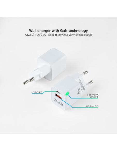 TooQ TQWC-GANQCPD30WT Cargador de Pared Universal USB-A/USB-C 30W Blanco