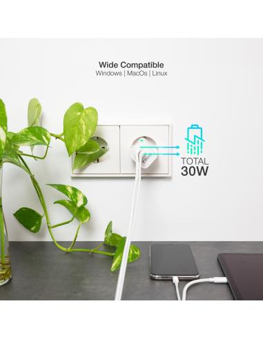 TooQ TQWC-GANQCPD30WT Cargador de Pared Universal USB-A/USB-C 30W Blanco