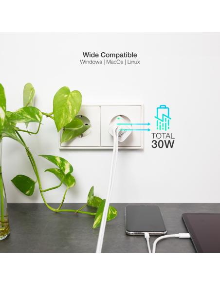 TooQ TQWC-GANQCPD30WT Cargador de Pared Universal USB-A/USB-C 30W Blanco