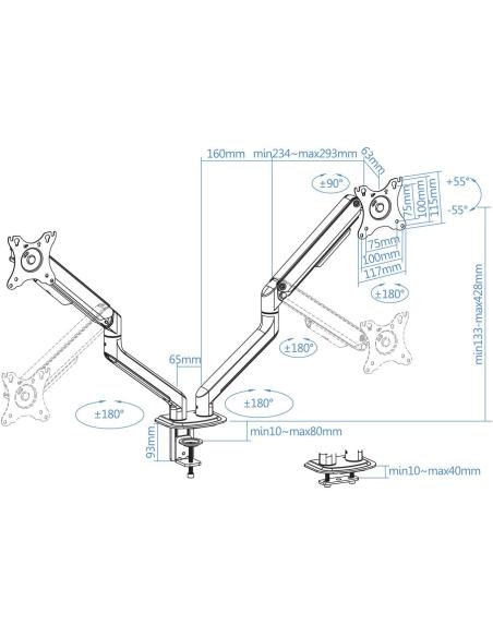 TooQ DB4132TNR-G Soporte de Mesa para 2 Monitores/TVs 17"-32" Máx. 9Kg cada Brazo Negro