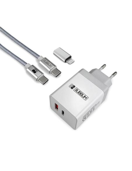 Subblim Cargador Ultra Rápido 2xUSB PD25W + QC3.0 + Cable USB-C + Lightning Blanco