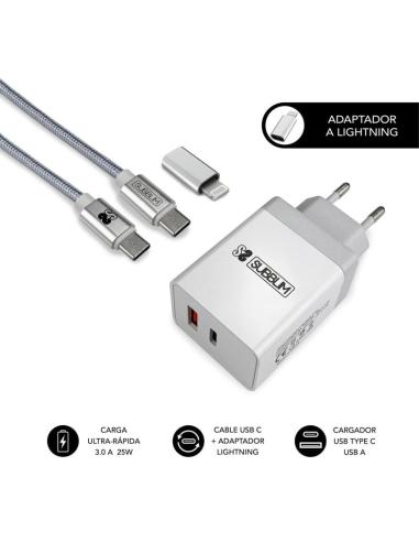 Subblim Cargador Ultra Rápido 2xUSB PD25W + QC3.0 + Cable USB-C + Lightning Blanco