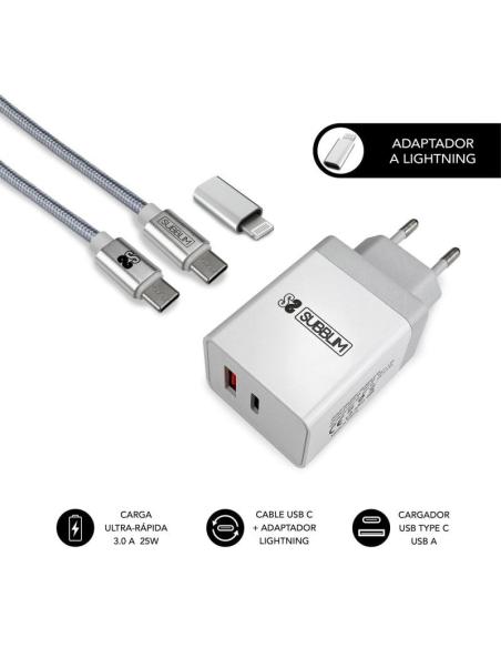 Subblim Cargador Ultra Rápido 2xUSB PD25W + QC3.0 + Cable USB-C + Lightning Blanco