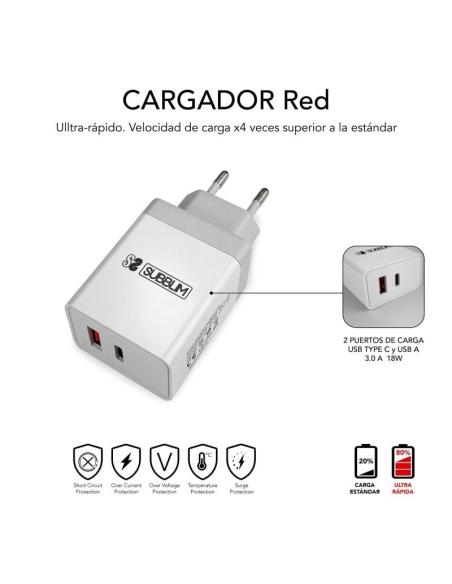Subblim Cargador Ultra Rápido 2xUSB PD25W + QC3.0 + Cable USB-C + Lightning Blanco