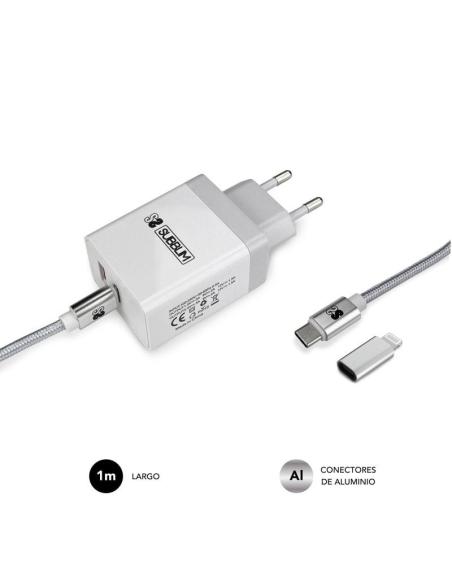 Subblim Cargador Ultra Rápido 2xUSB PD25W + QC3.0 + Cable USB-C + Lightning Blanco