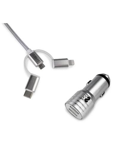 Subblim SUB-CHG-4CC001 Cargador de Móvil para Coche 2xUSB + Cable USB 3 en 1 Lightning/MicroUSB/USB-C Plata