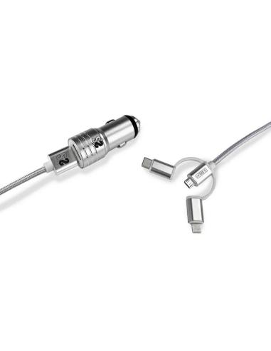 Subblim SUB-CHG-4CC001 Cargador de Móvil para Coche 2xUSB + Cable USB 3 en 1 Lightning/MicroUSB/USB-C Plata