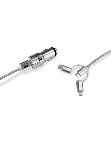 Subblim SUB-CHG-4CC001 Cargador de Móvil para Coche 2xUSB + Cable USB 3 en 1 Lightning/MicroUSB/USB-C Plata