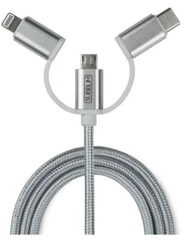 Subblim SUB-CHG-4CC001 Cargador de Móvil para Coche 2xUSB + Cable USB 3 en 1 Lightning/MicroUSB/USB-C Plata