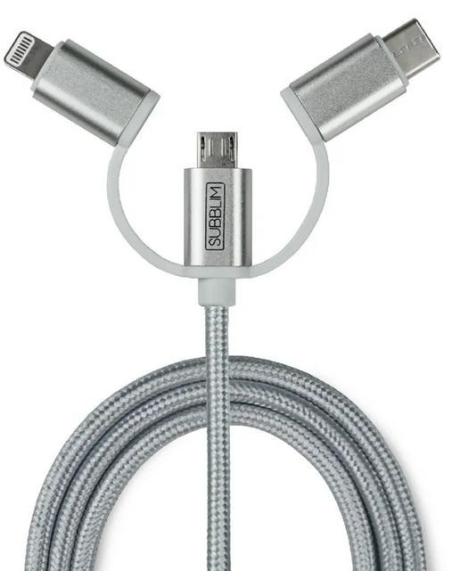 Subblim SUB-CHG-4CC001 Cargador de Móvil para Coche 2xUSB + Cable USB 3 en 1 Lightning/MicroUSB/USB-C Plata