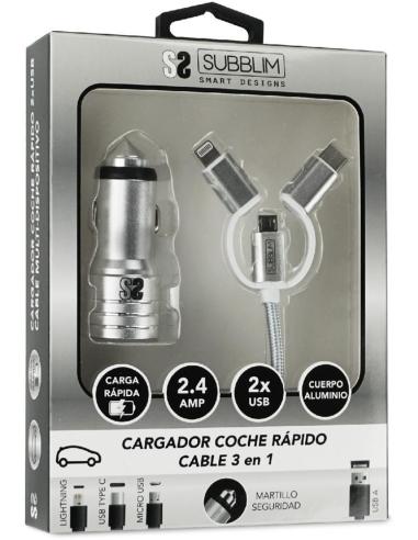 Subblim SUB-CHG-4CC001 Cargador de Móvil para Coche 2xUSB + Cable USB 3 en 1 Lightning/MicroUSB/USB-C Plata