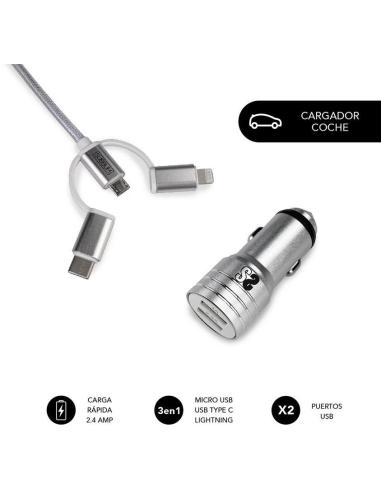 Subblim SUB-CHG-4CC001 Cargador de Móvil para Coche 2xUSB + Cable USB 3 en 1 Lightning/MicroUSB/USB-C Plata