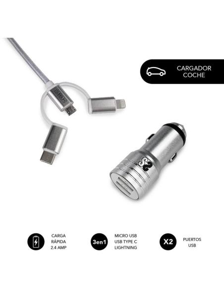 Subblim SUB-CHG-4CC001 Cargador de Móvil para Coche 2xUSB + Cable USB 3 en 1 Lightning/MicroUSB/USB-C Plata