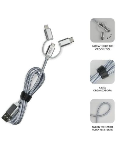 Subblim SUB-CHG-4CC001 Cargador de Móvil para Coche 2xUSB + Cable USB 3 en 1 Lightning/MicroUSB/USB-C Plata