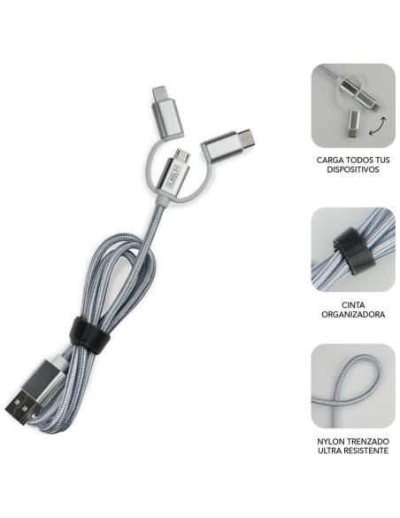 Subblim SUB-CHG-4CC001 Cargador de Móvil para Coche 2xUSB + Cable USB 3 en 1 Lightning/MicroUSB/USB-C Plata