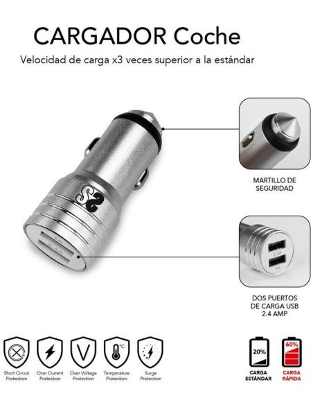 Subblim SUB-CHG-4CC001 Cargador de Móvil para Coche 2xUSB + Cable USB 3 en 1 Lightning/MicroUSB/USB-C Plata