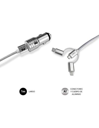 Subblim SUB-CHG-4CC001 Cargador de Móvil para Coche 2xUSB + Cable USB 3 en 1 Lightning/MicroUSB/USB-C Plata