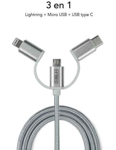 Subblim SUB-CHG-4CC001 Cargador de Móvil para Coche 2xUSB + Cable USB 3 en 1 Lightning/MicroUSB/USB-C Plata