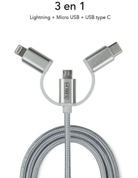 Subblim SUB-CHG-4CC001 Cargador de Móvil para Coche 2xUSB + Cable USB 3 en 1 Lightning/MicroUSB/USB-C Plata