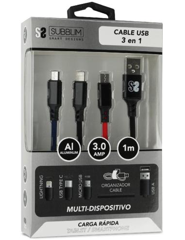 Subblim SUB-CAB-3IN101 Cable 3 en 1 Micro USB/USB-C/Lighting a USB 2.0 Macho/Macho 1M Negro