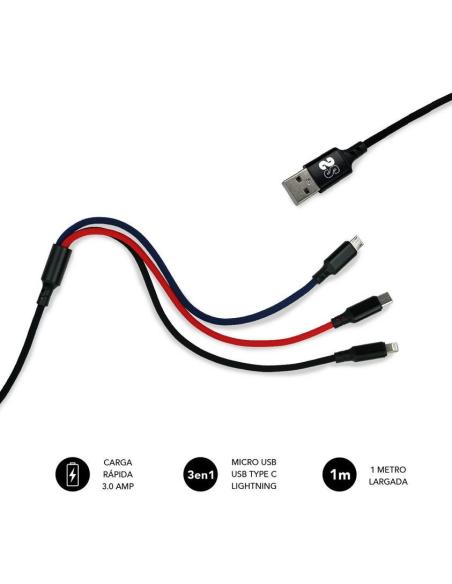 Subblim SUB-CAB-3IN101 Cable 3 en 1 Micro USB/USB-C/Lighting a USB 2.0 Macho/Macho 1M Negro